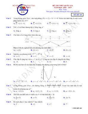 Đề thi THPT Quốc gia môn Toán - Mã đề 101 - Năm học 2018-2019 - Bộ giáo dục và đào tạo (Có đáp án)